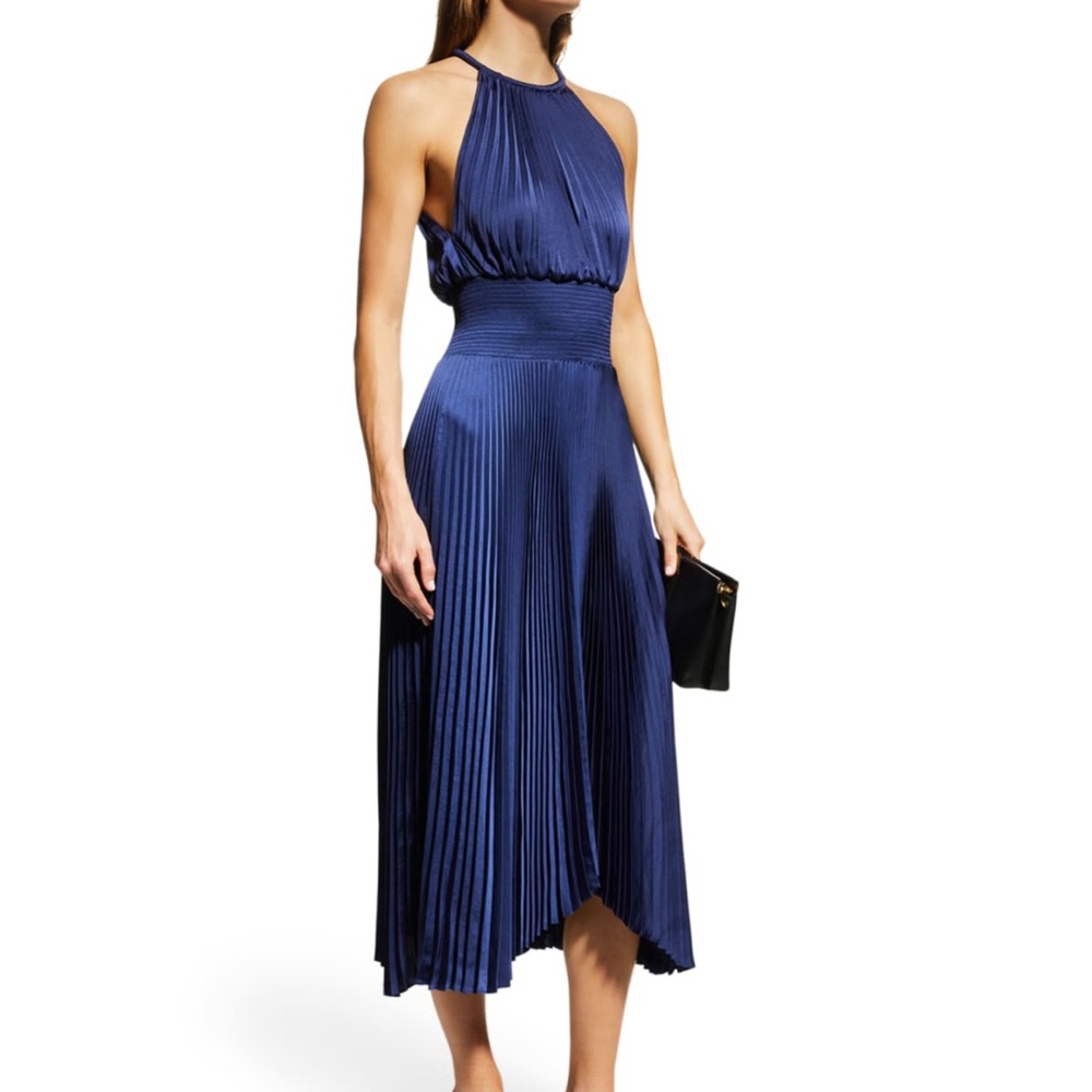A.L.C. Renzo II Satin Pleated High-Neck Midi Dress